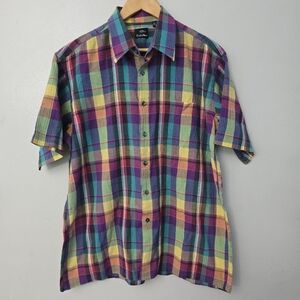 Vintage Countess Mara Leisure Shirt Size L 80s Colorful Plaid Preppy Rainbow